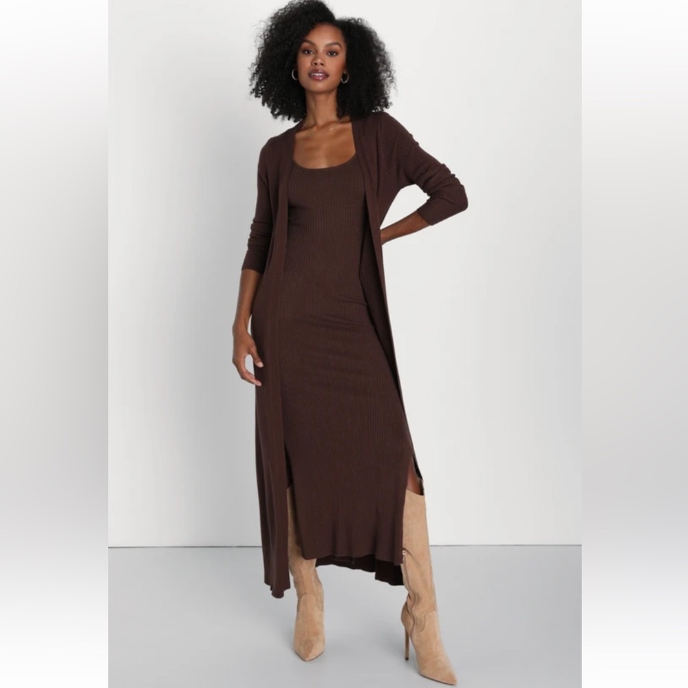 Lulus Layer Lover Brown Ribbed Knit Two-piece Dress & Cardigan Set - Size M - Picture 6 of 10